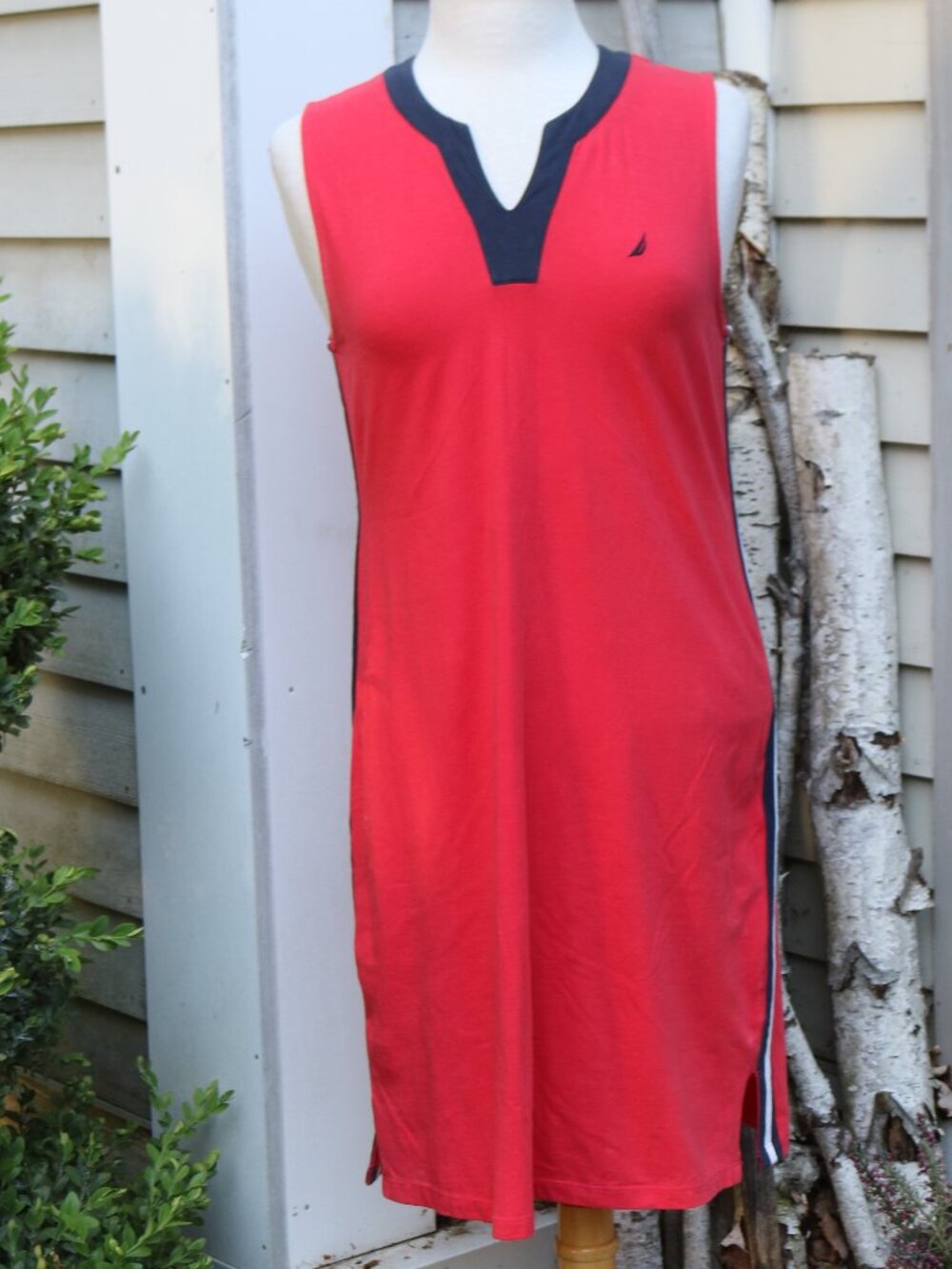Nautica Red w Blue White Side Stripe V-Neck Sleeveless Cotton Knit Dress Sz MED